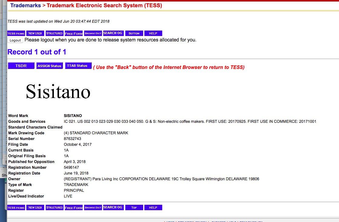 Sisitano US trademark